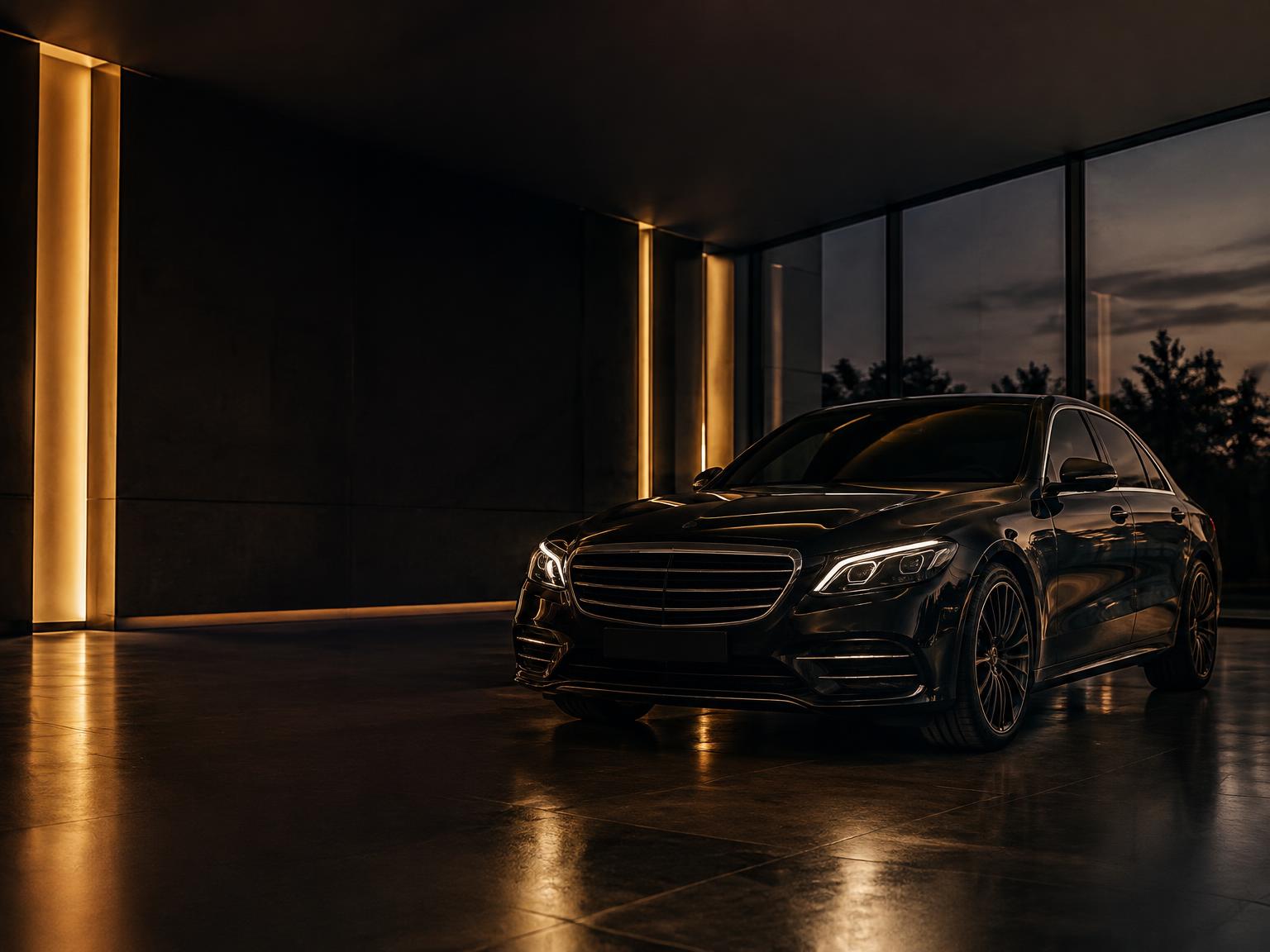 Black saloon under warm gold showroom lighting at dusk